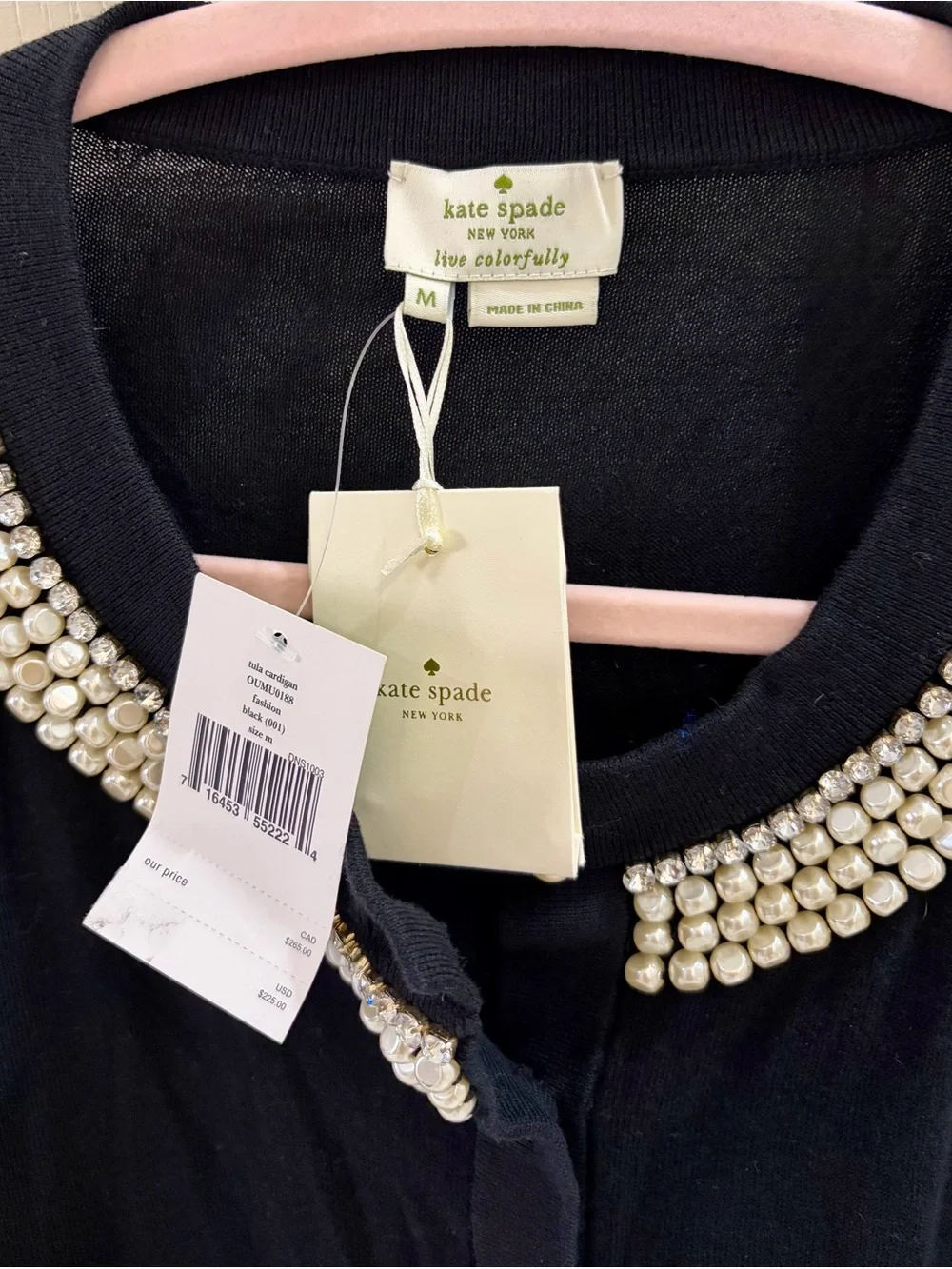 NWT Kate Spade Tula Black Pearl-Trim Cardigan M